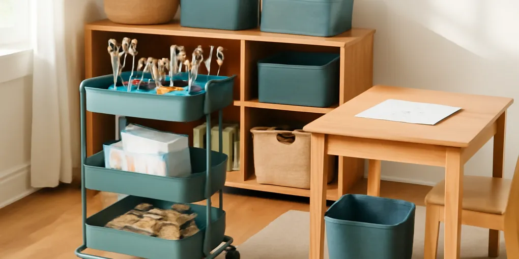 Photorealistic organized home scene showing art supply carts for kids homework stations