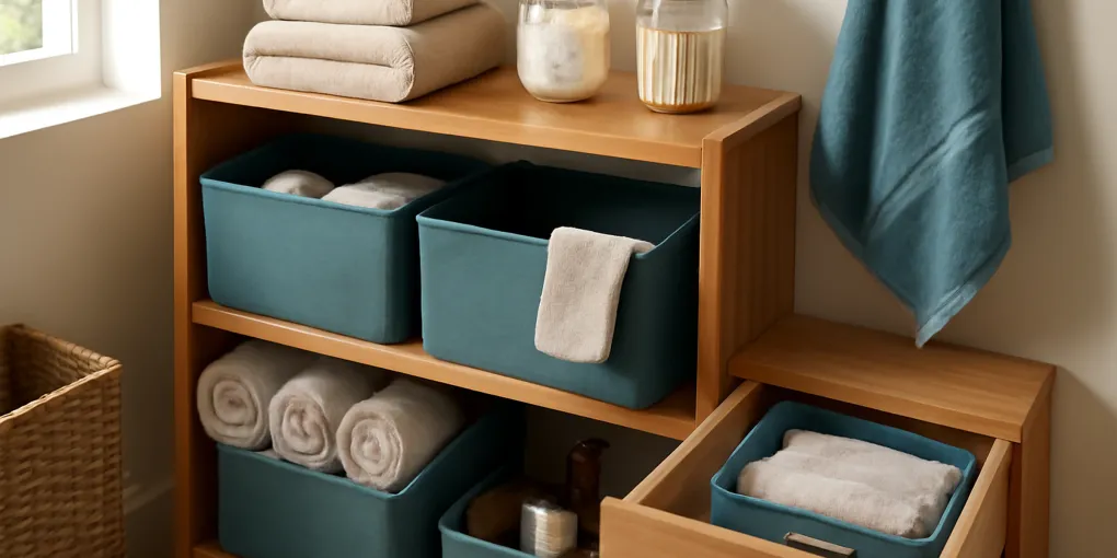Small bathroom with folded towels on wall shelf, hooks, and labeled basket