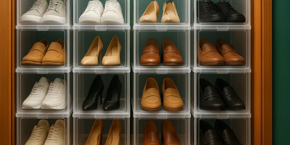 Multiple clear stackable shoe boxes organized neatly on white shelves with shoes visible through transparent sides