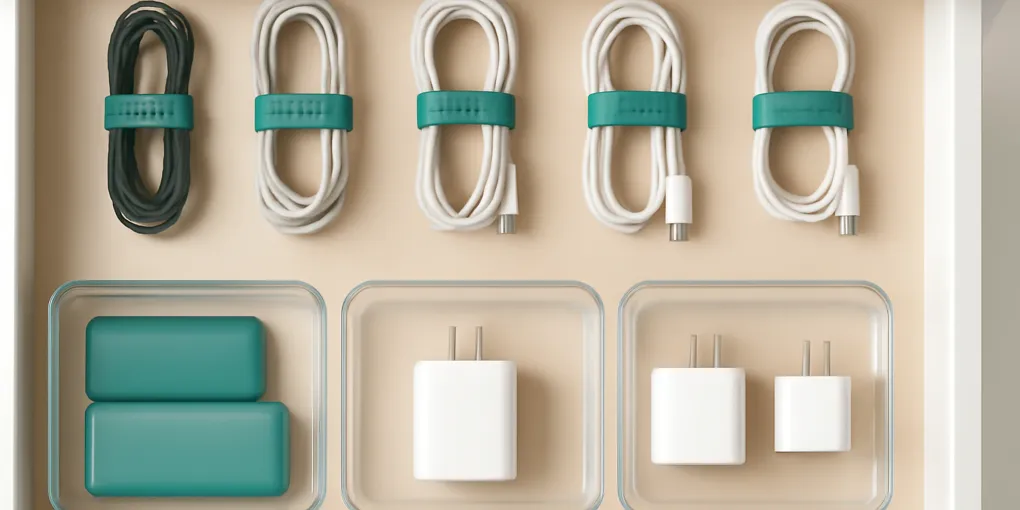 A tidy charging drawer with labeled cable loops, small bins, and a safe open space for active chargers