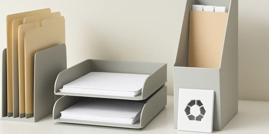 Grid of countertop paper organizers including vertical file sorter, trays, magazine files, tabs, and a recycle cue card