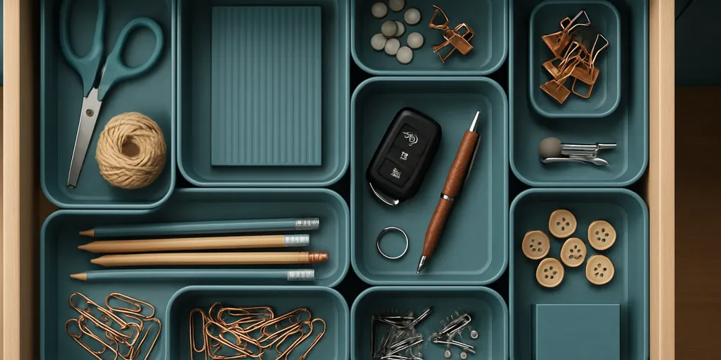 An overhead view of a tidy junk drawer divided into bamboo trays, clear bins, batteries, pens, scissors, tape, and small household tools