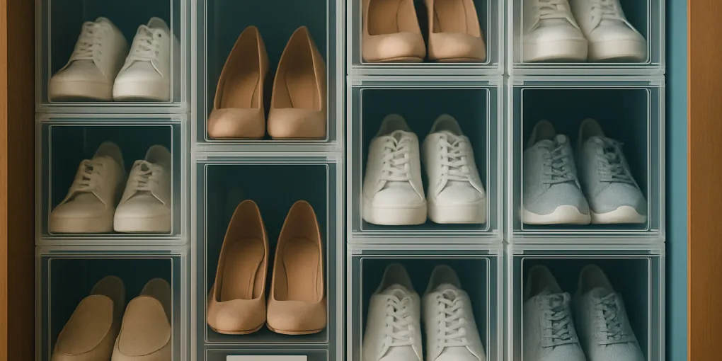 Closet shelf filled edge-to-edge with clear drop-front shoe boxes, labels, and neatly paired shoes