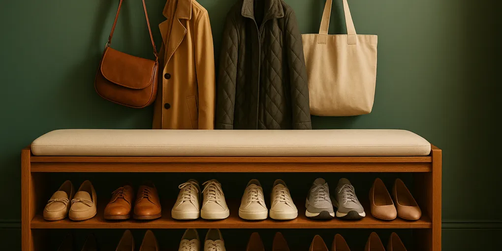 Wood entryway storage bench with shoes organized neatly on shelves beneath the seat