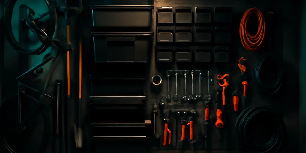 Small garage wall with rail storage, pegboard, hooks, labeled bins, and floor kept clear for walking space
