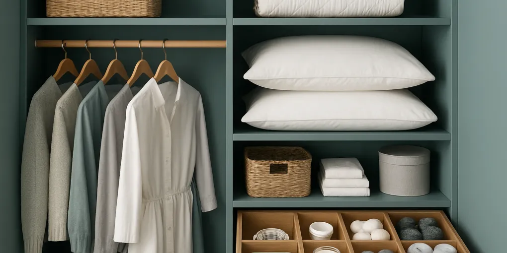 Calm guest room with labeled linen bins, luggage rack, bedside basket, and organized closet shelf