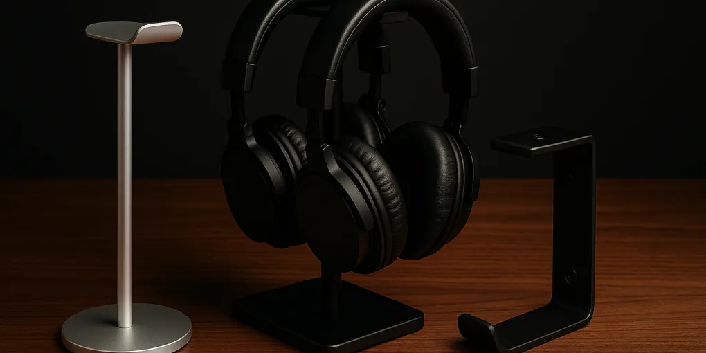 Sleek headphone stand with headphones resting on it on a clean desk setup with cable organizers