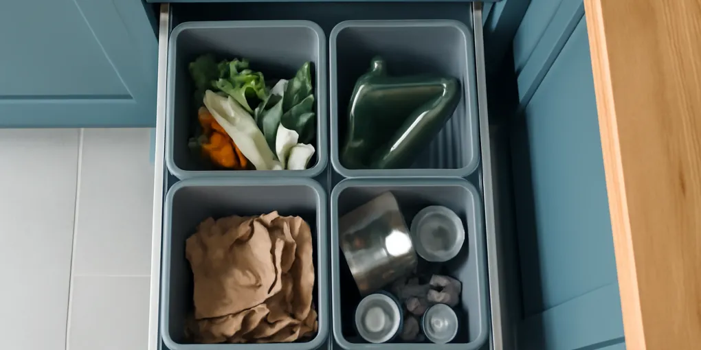 Organized kitchen recycling station with labeled bins, paper, plastic, cans, and a washable liner