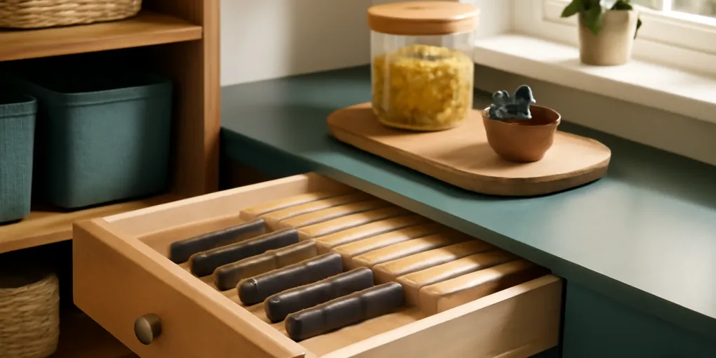 Small kitchen drawer with knives separated in a bamboo in-drawer organizer and clear counter space above