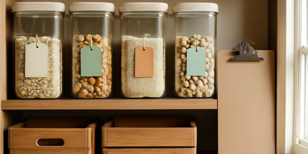 Pantry shelf with labeled bins, date stickers, and a small restock clipboard
