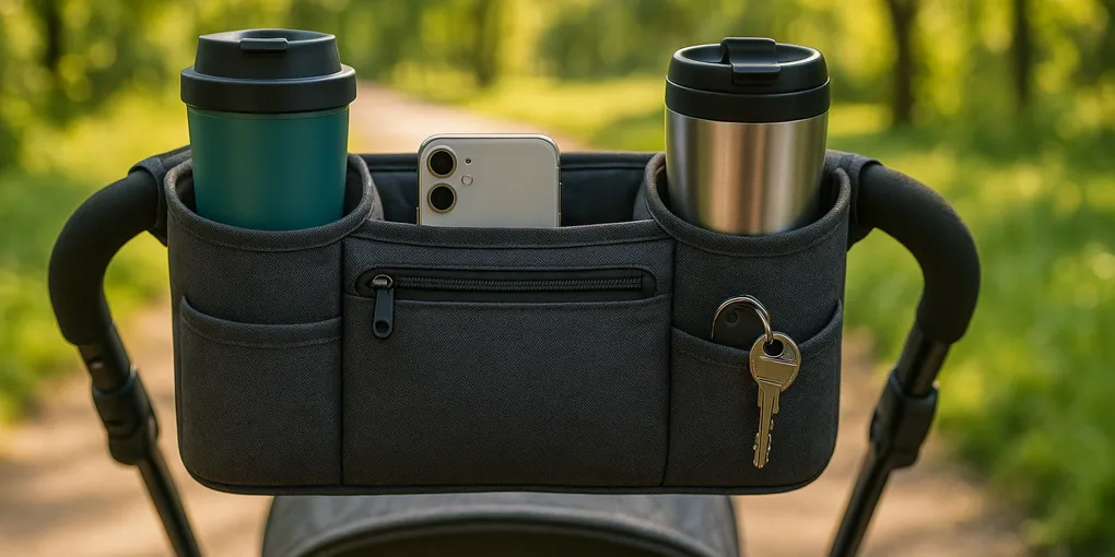 Stroller handlebar with attached organizer containing water bottle, phone, and parent essentials on a sunny park path