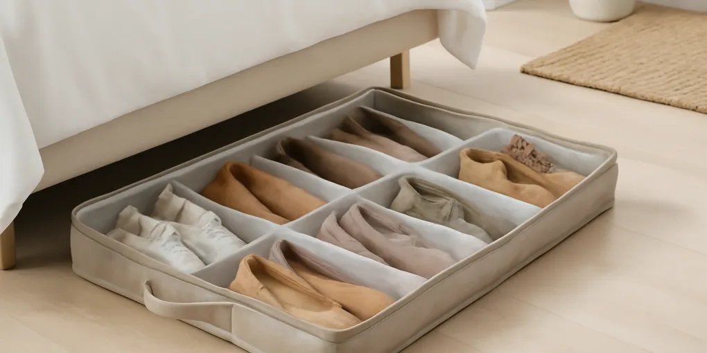 Neatly organized under-bed shoe storage with low-profile fabric compartments and labeled shoe pairs in a bright bedroom
