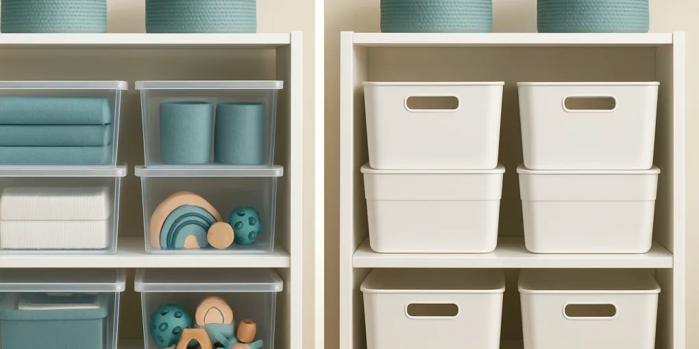 Clear and opaque storage bins arranged on shelves to compare visibility and visual calm