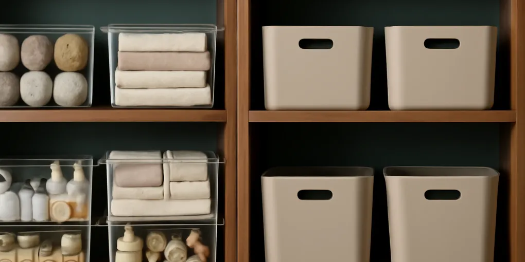 Side-by-side organized shelves with clear storage bins on one side and labeled opaque bins on the other