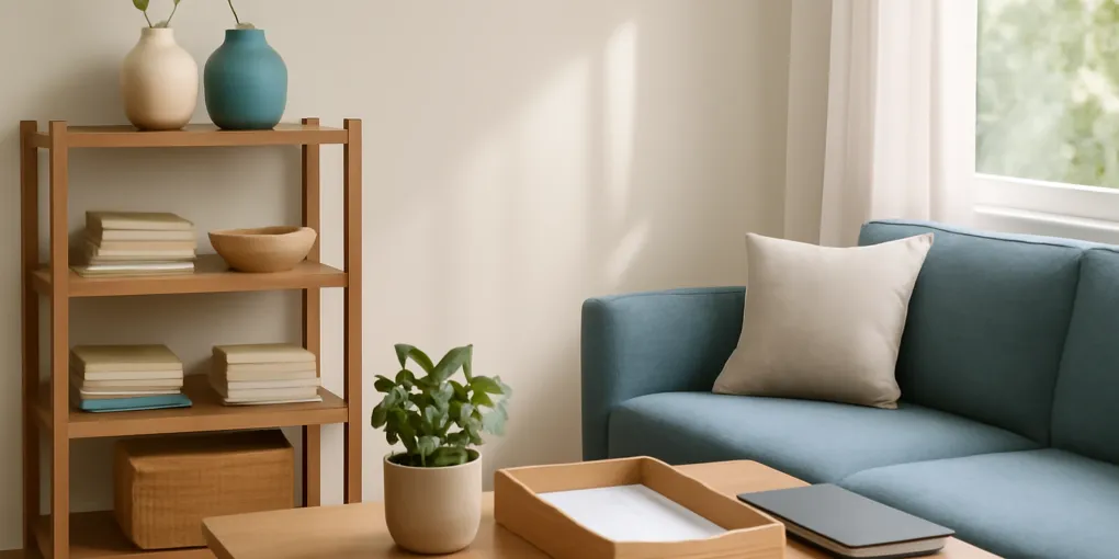 Tidy clutter inbox reset system with a labeled basket on a clean shelf in a calm home entry area