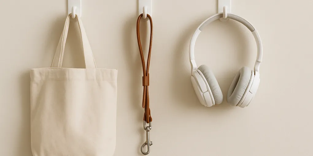 Neutral wall with adhesive utility hooks holding light household items in an organized entry area