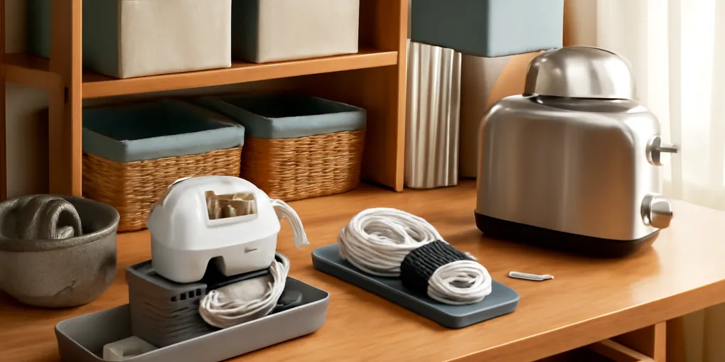 Organized cord management for small appliances setup in a real home with labeled zones, clear access paths, and practical storage products