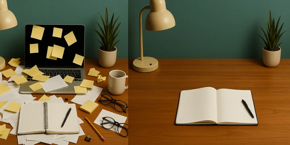 Cluttered desk with papers and objects contrasted with a clean organized workspace