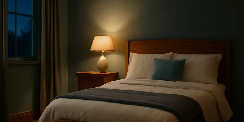 Calm bedroom with a clear nightstand, folded blanket, closed storage baskets, and soft evening light