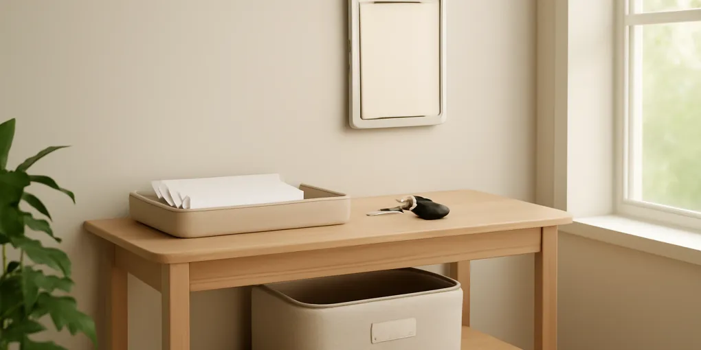 Calm entry table with keys, mail tray, labeled bin, and a simple one-touch clutter reset system