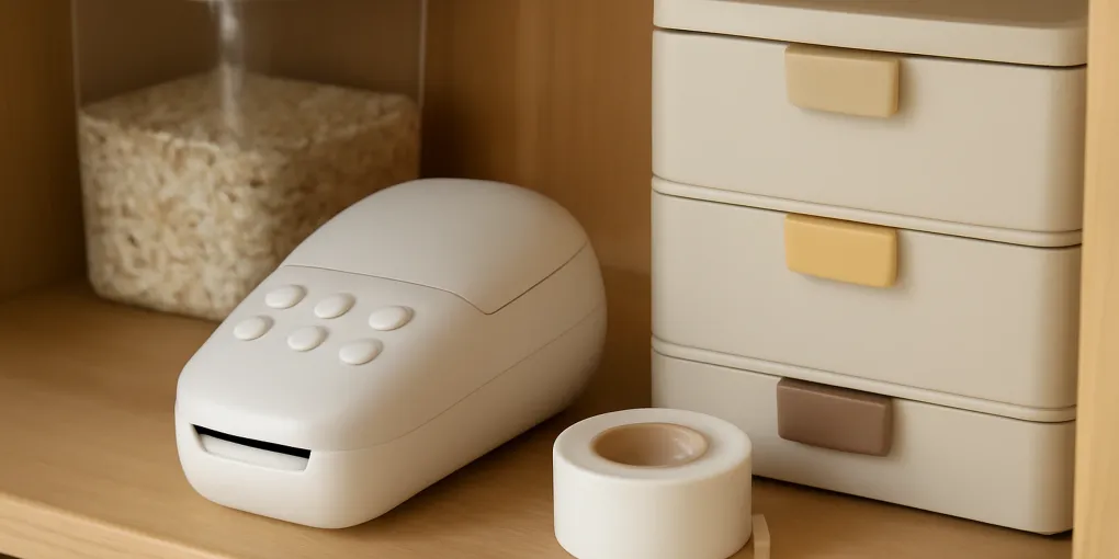 Compact handheld label maker beside clear pantry bins, utility drawers, and a roll of blank label tape
