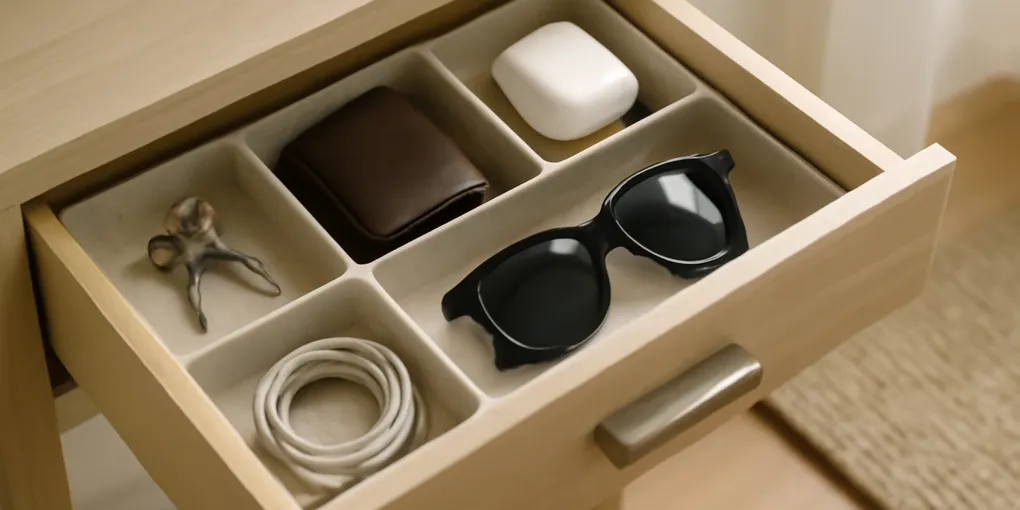 Shallow entryway drawer with keys, wallet, earbuds, badge, and charging cables separated into small trays