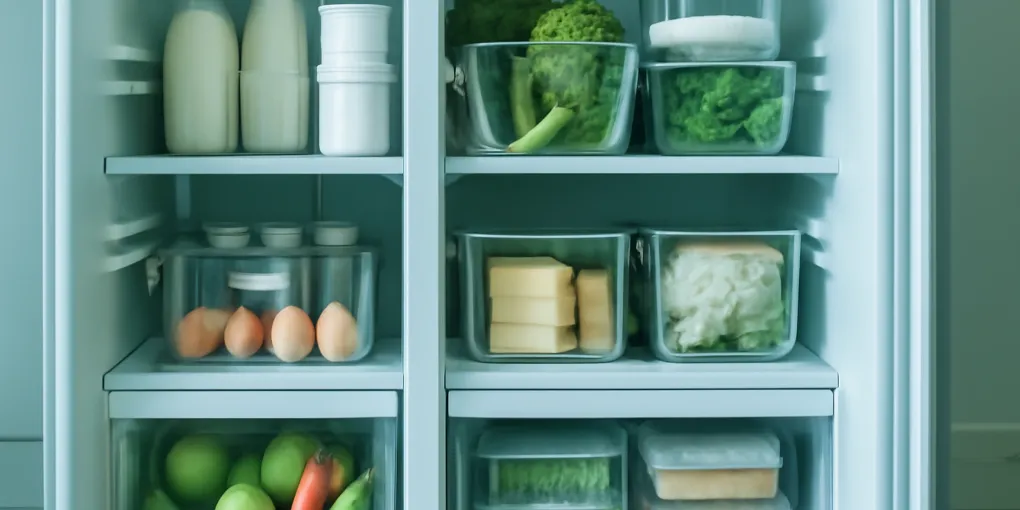Clean organized refrigerator and freezer shelves with clear bins, labels, produce drawers, and visible food zones