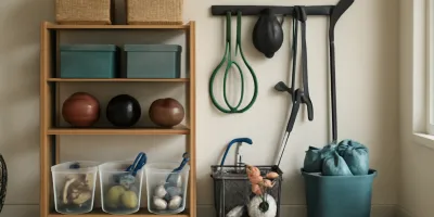 Garage Sports Equipment Storage System: Balls, Bats, Helmets, and Wet Gear