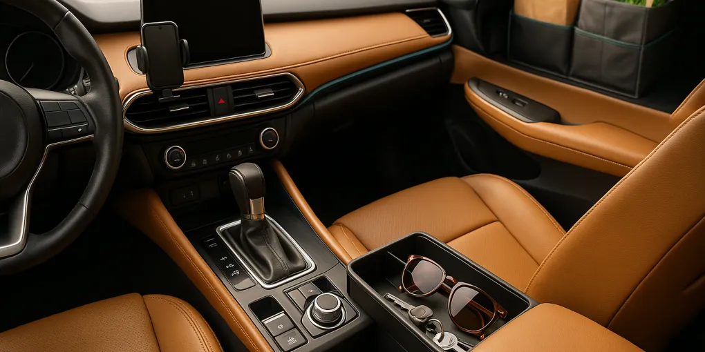 Neatly organized car interior with console organizer and trunk cargo system