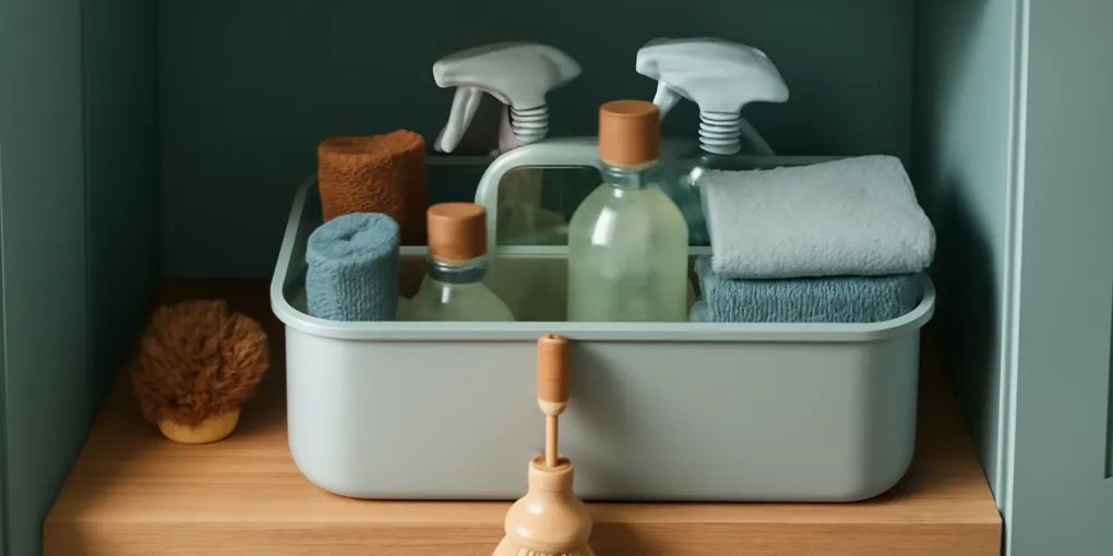Labeled cleaning caddy with microfiber cloths, gloves, spray bottles, scrub brush, and a checklist card