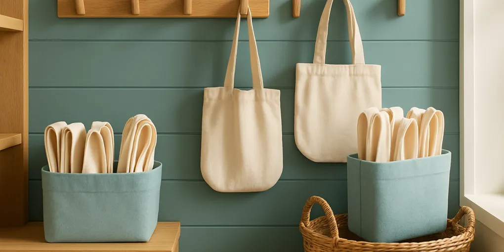 Organized reusable grocery bags folded upright in a small entryway storage bin
