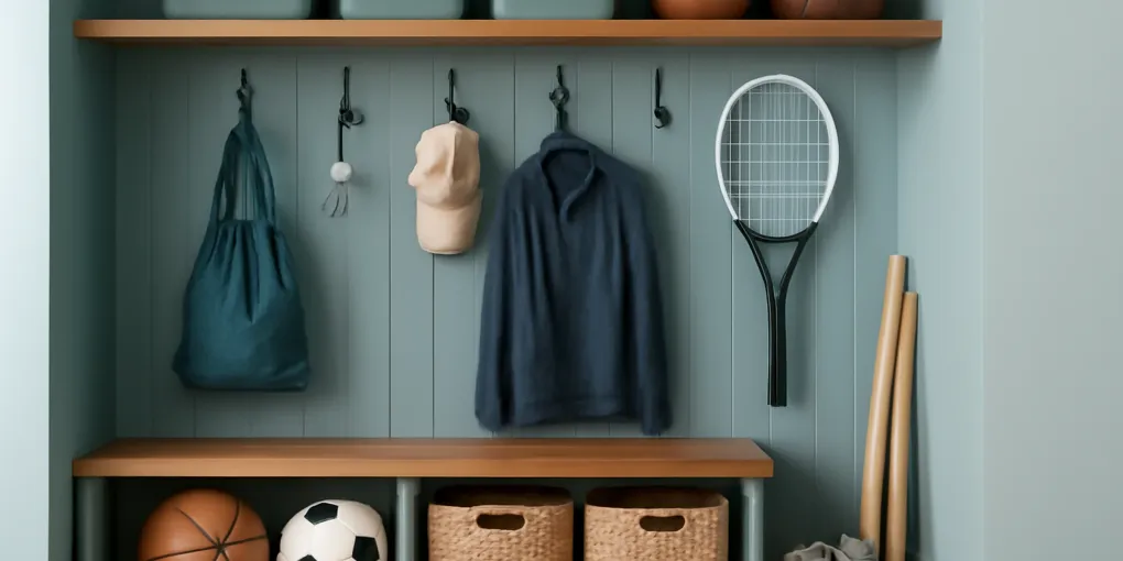 Small entryway with hooks, labeled bins, shoe tray, ball basket, and a bench for sports gear