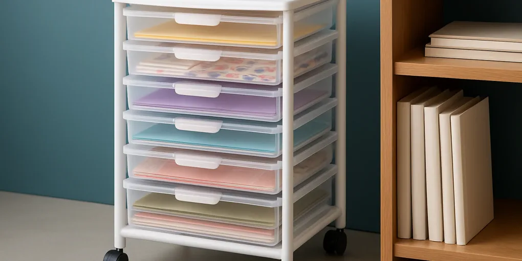 Clean product-style scene of a rolling craft storage cart with clear cases, paper supplies, labels, and warm wood shelving