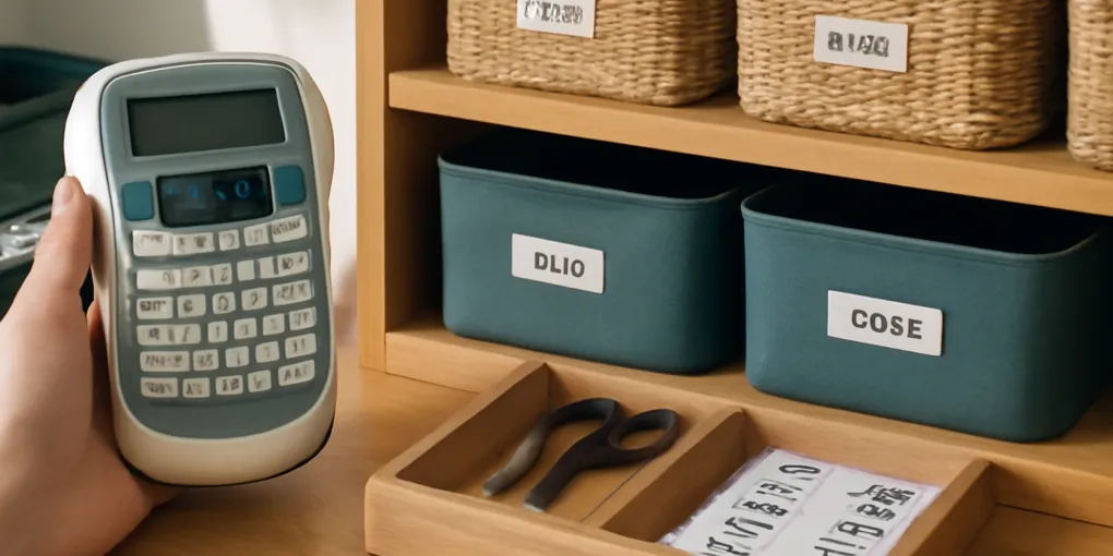 Photorealistic desk with compact label maker printed labels pantry jars and storage bins