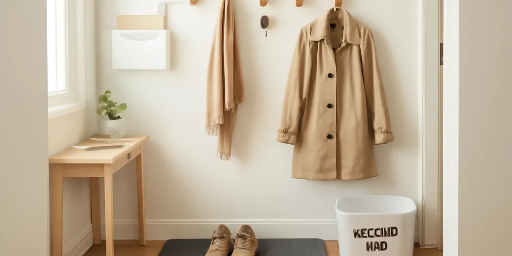 Organized entryway landing strip with wall hooks, mail sorter, shoe mat, tray, and labeled return bin