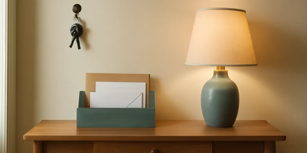 A one-touch rule clutter setup with mail in one tray, keys on one hook, and a clear decision inbox beside a lamp