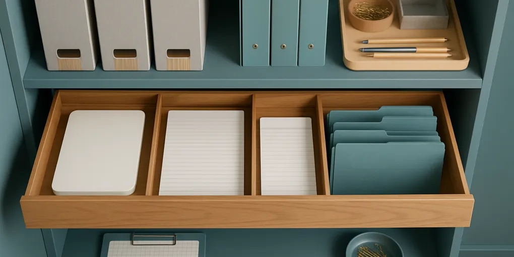 A compact paperwork command center with labeled vertical files, a small inbox tray, pen cup, and calendar card on a clean wall shelf