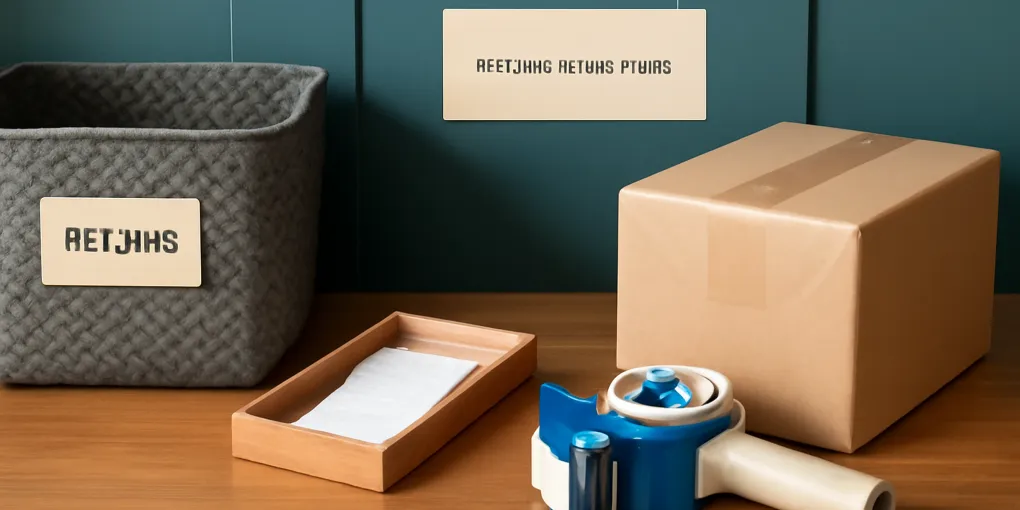 An organized entryway return station with one labeled basket, a small receipt tray, tape, and a package ready to leave