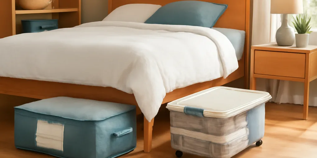 Photorealistic bedroom with under-bed rolling bins and fabric storage bags partly visible, neatly organized with seasonal linens