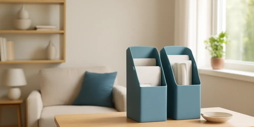 Vertical file sorters for mail arranged on a clean command center shelf with labeled folders
