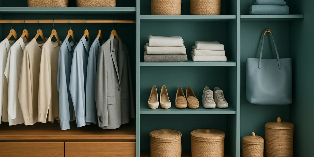 A calm living room shelf edited into clear zones with a tray, two baskets, and open negative space in warm wood and teal tones