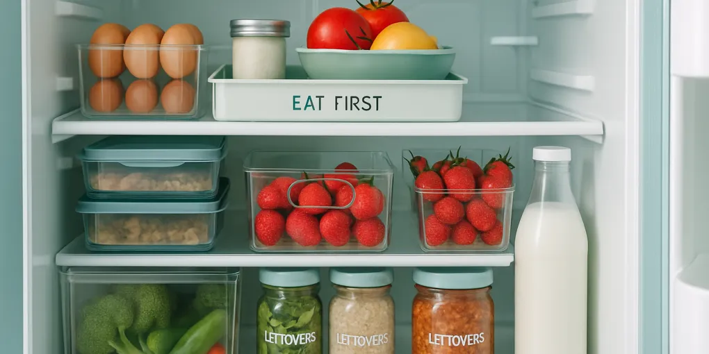 Open refrigerator with clear zones, labeled bins, and visible produce organized by use priority