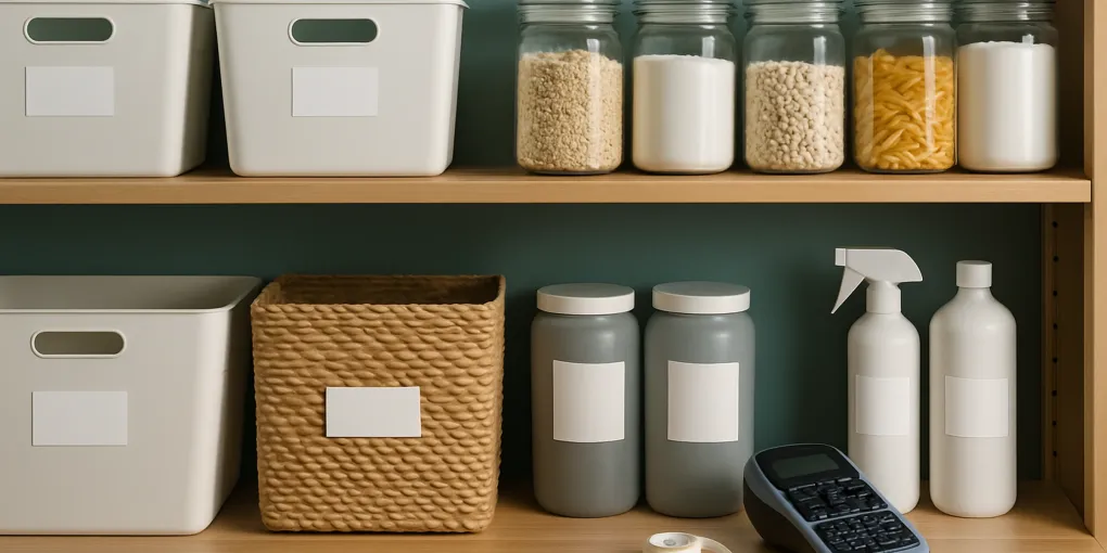 Organized pantry and utility shelf with clear, simple labels on bins, jars, and document boxes