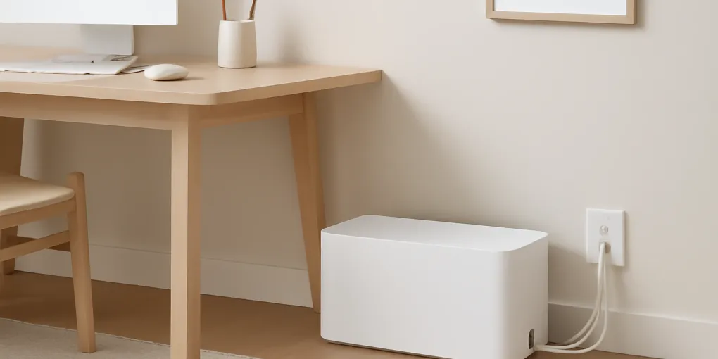 Minimal white cable management box beside a tidy home office desk with organized cords and neutral decor